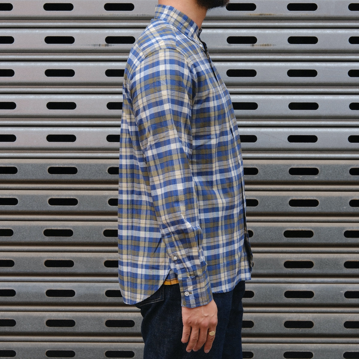 Madras Button Down Shirt / Navy Tan Check