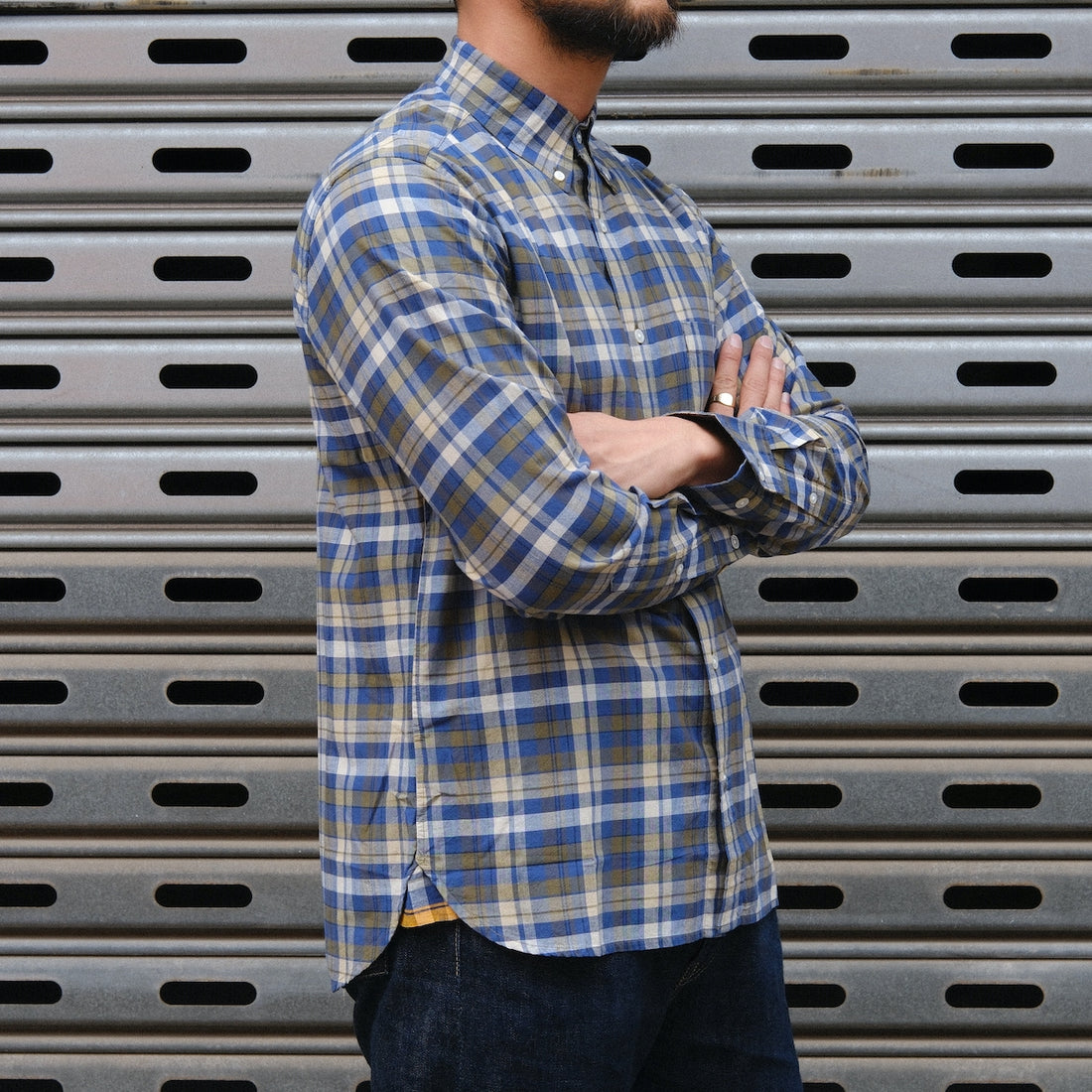 Madras Button Down Shirt / Navy Tan Check
