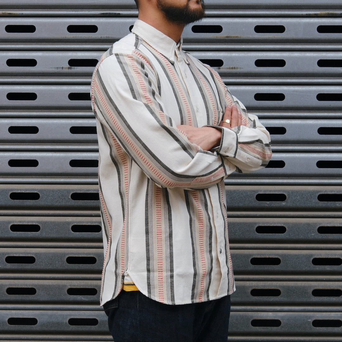 Madras Button Down Shirt / Orange Green Stripe