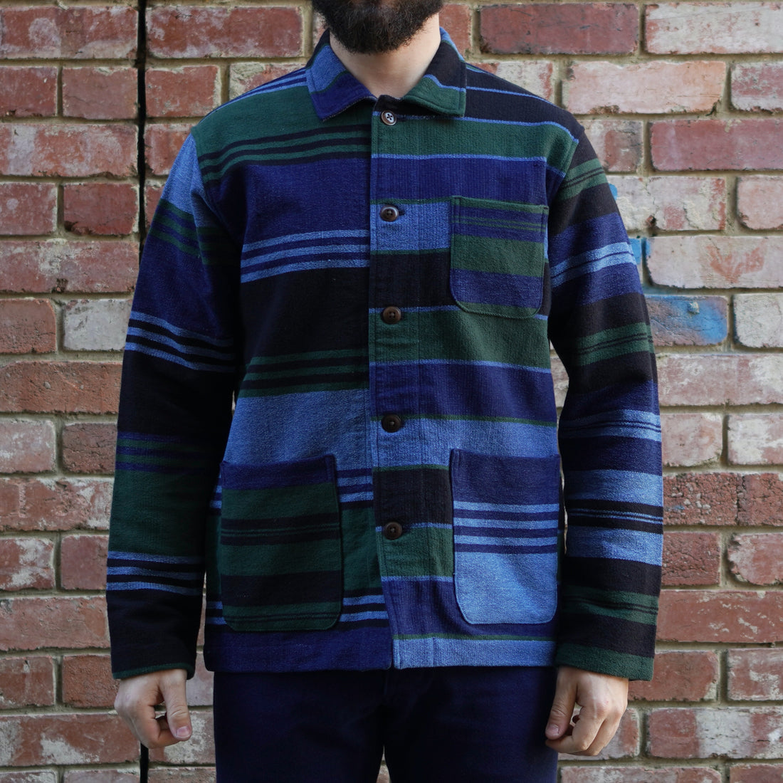 Stout Shirt Jacket / Navy Green Stripe