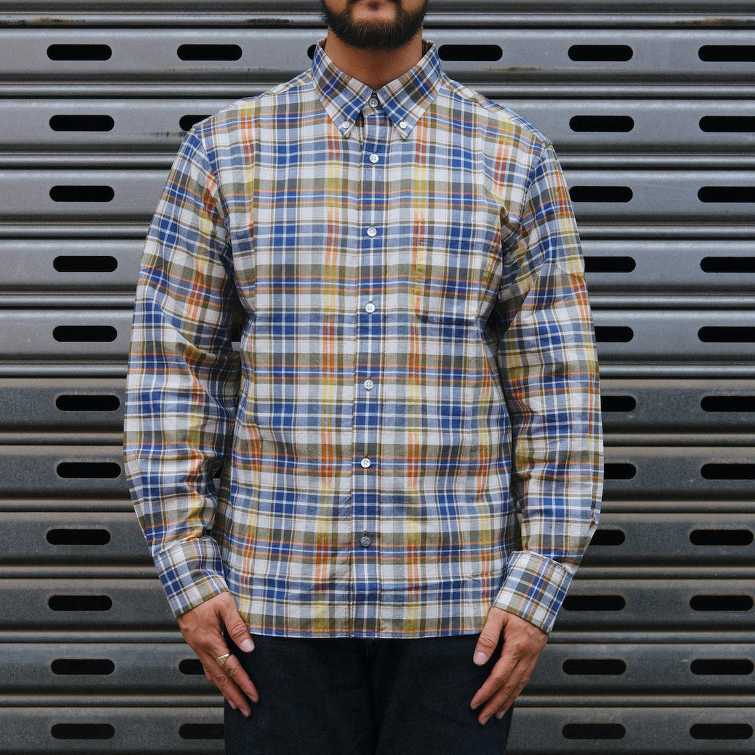 Madras Button Down Shirt / Navy Natural Check
