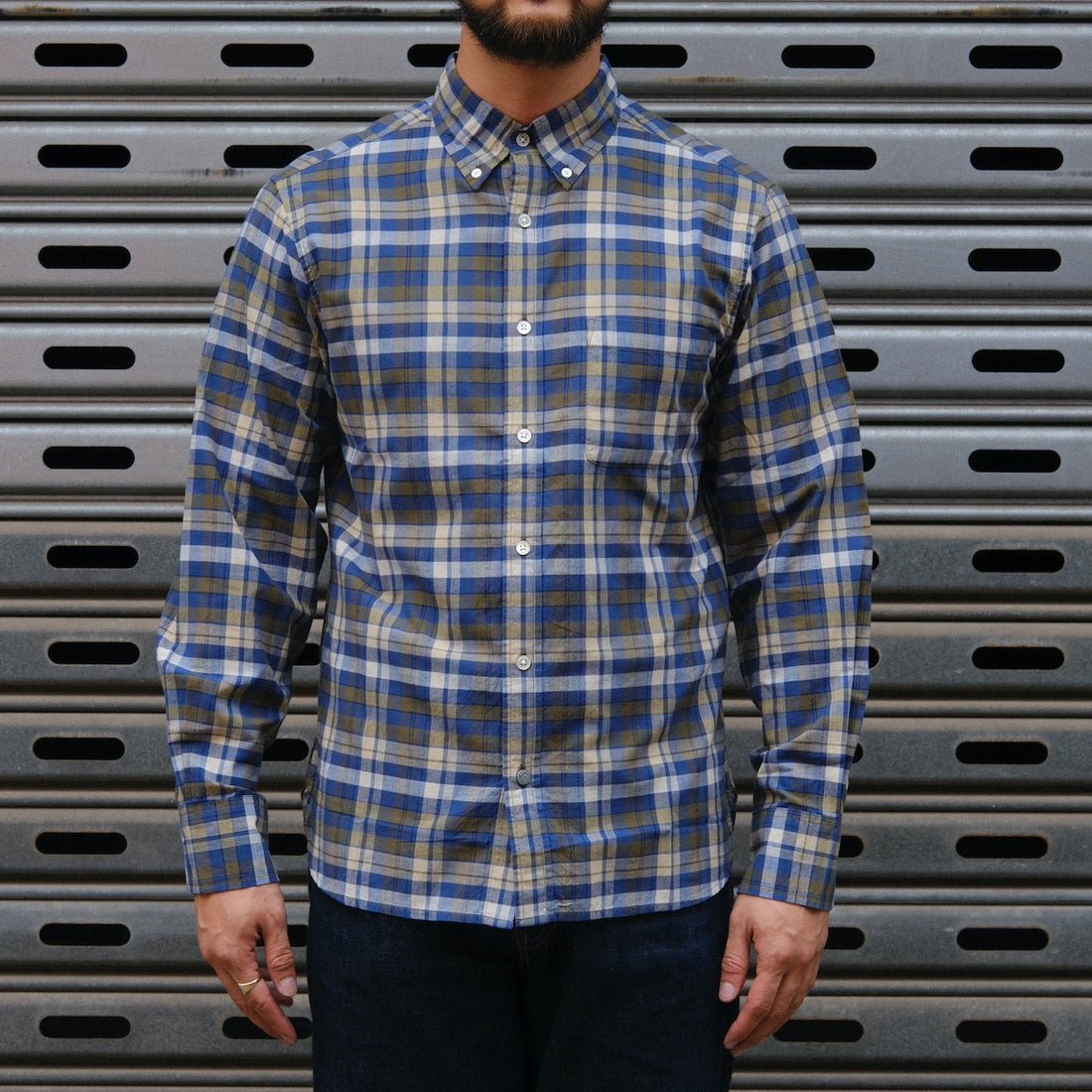 Madras Button Down Shirt / Navy Tan Check