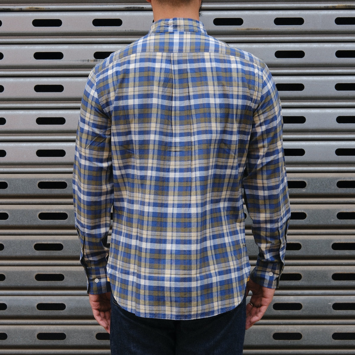 Madras Button Down Shirt / Navy Tan Check