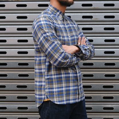 Madras Button Down Shirt / Navy Tan Check