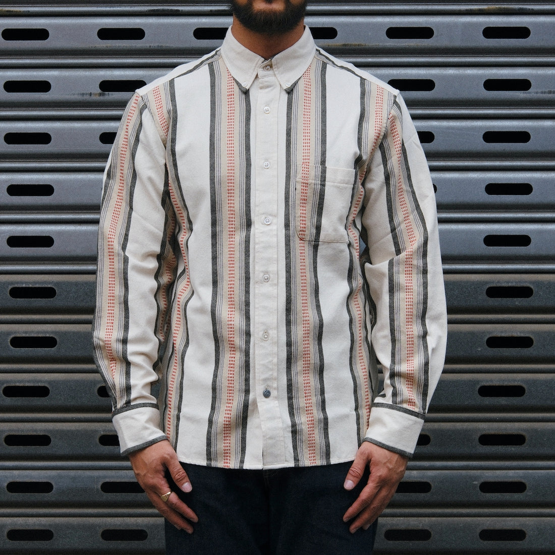 Madras Button Down Shirt / Orange Green Stripe