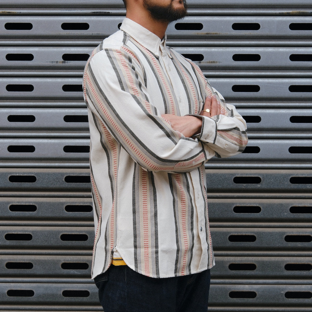 Madras Button Down Shirt / Orange Green Stripe