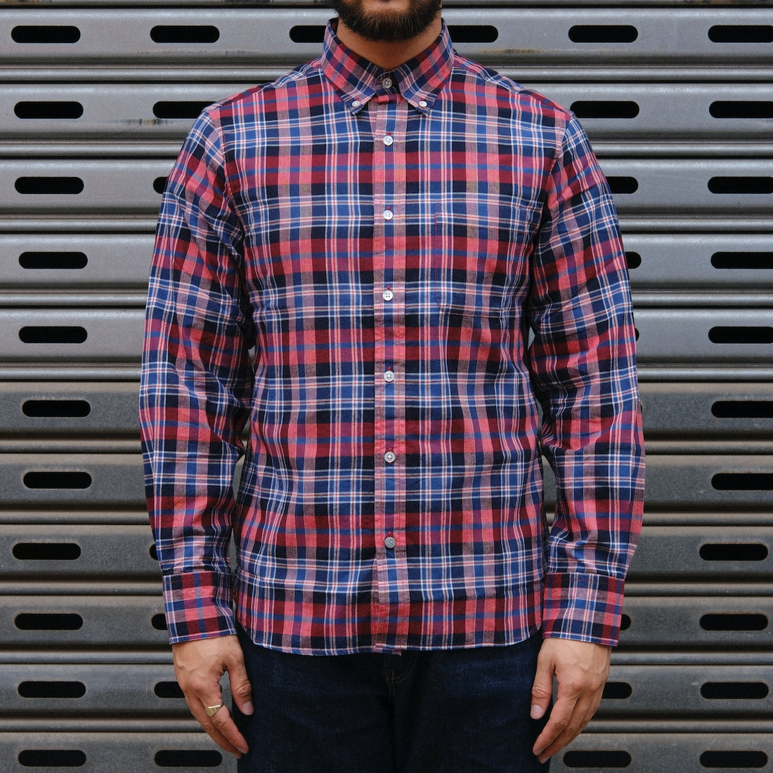 Madras Button Down Shirt / Red Blue Check