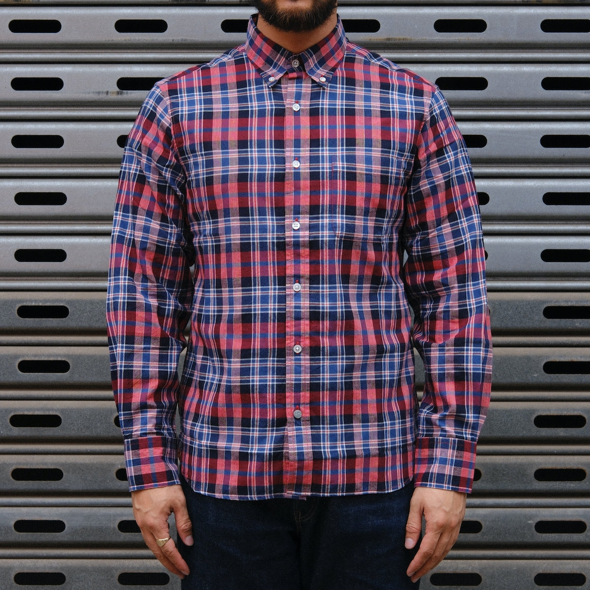 Madras Button Down Shirt / Red Blue Check