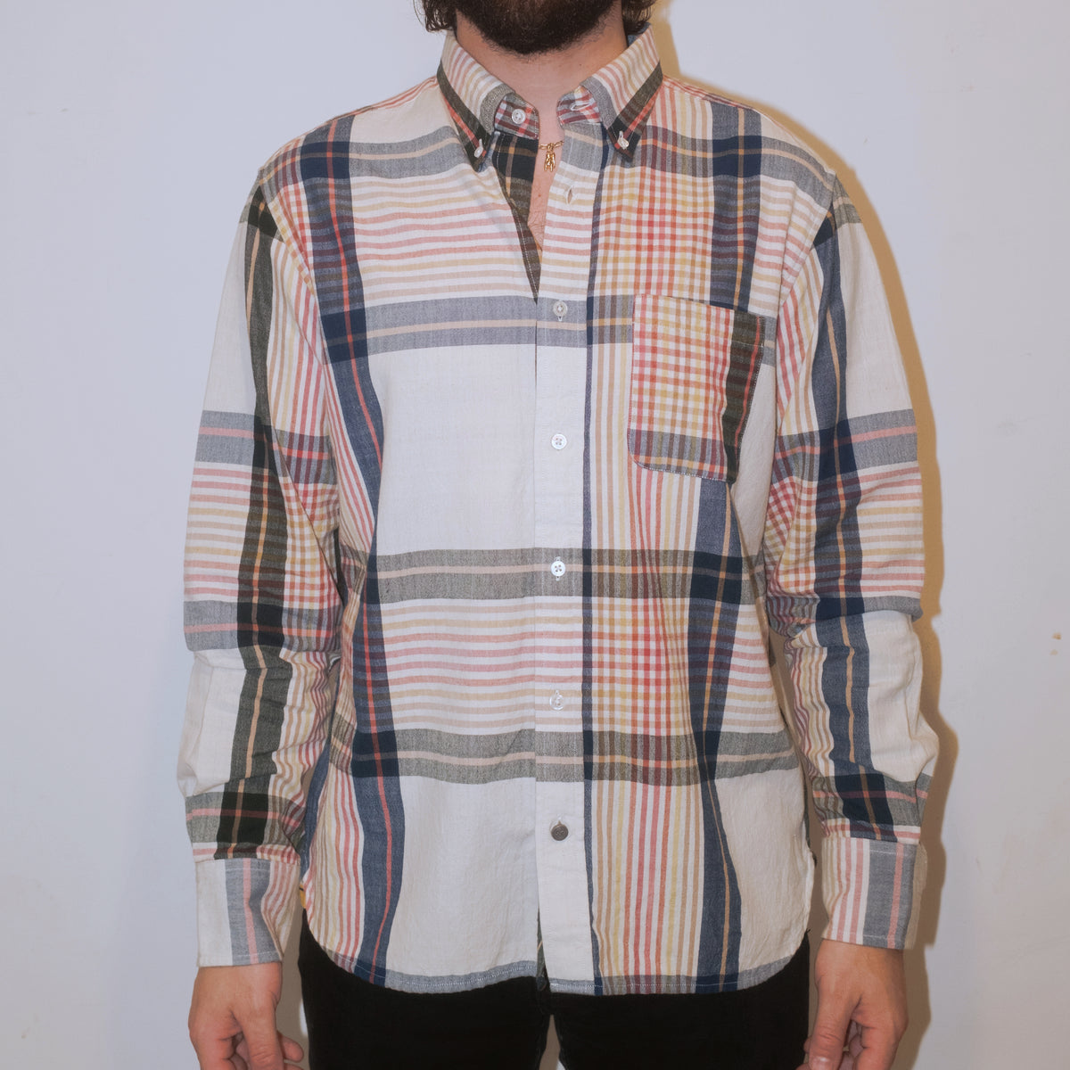 Madras Button Down Shirt / Natural Blue Check