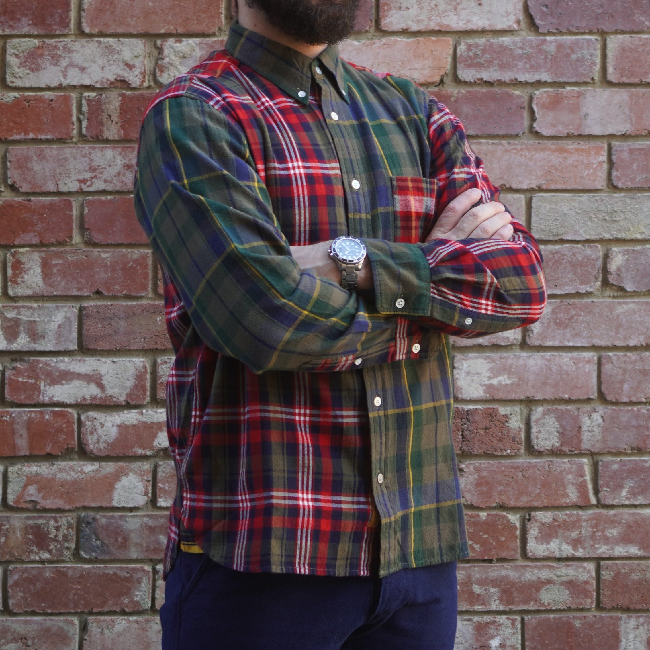 Madras Button Down Shirt / Olive Red Check